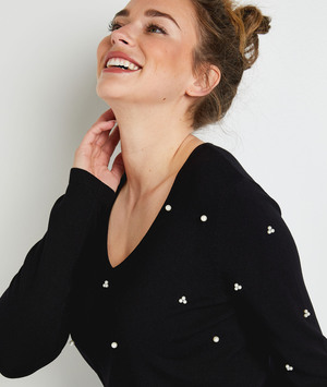 Pull col V détail perles femme NOIR