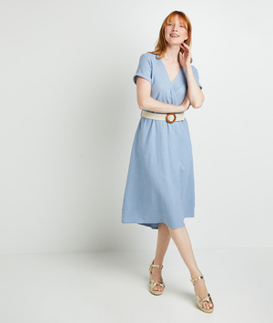 Robe rayée ceinturée femme BLEU CLAIR