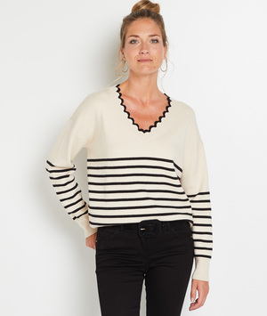 Pull marinière col V femme BEIGE