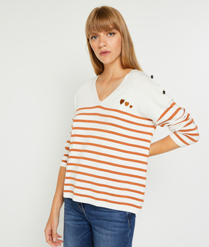 Pull rayé broderie coeur femme CAMEL