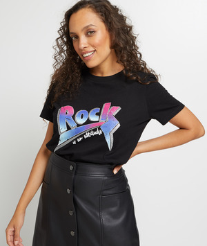 T-shirt manches courtes imprimé femme NOIR