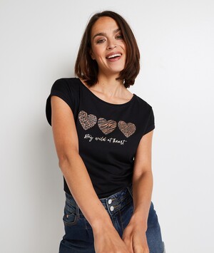 T-shirt manches courtes imprimé femme* NOIR