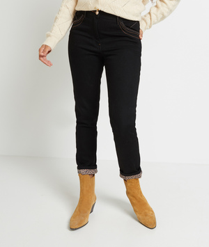 Jean raccourci revers léopard femme BLACK