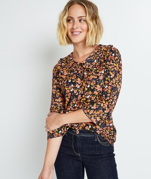 T-shirt col claudine imprimé femme NOIR