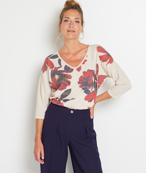 T-shirt imprimé fleuri femme BEIGE CHINE