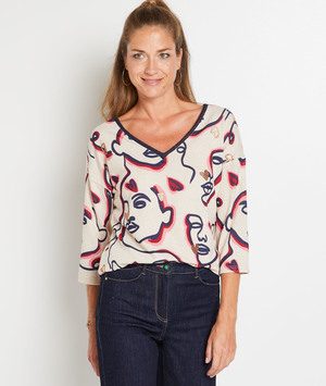 T-shirt imprimé visages femme BEIGE CHINE