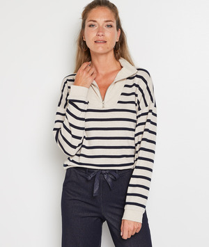 T-shirt col camioneur rayé femme BEIGE CHINE