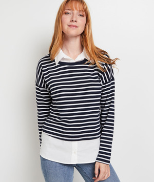 T-shirt rayé col chemise femme BLANC