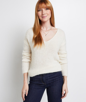 Pull loose col V femme BLANC