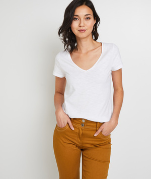 T-shirt manches courtes V femme BLANC