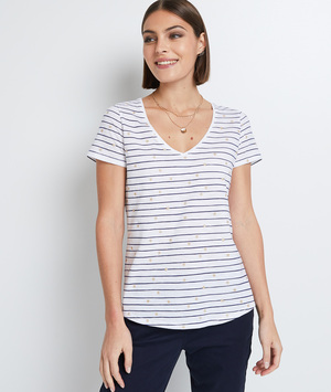 T-shirt à rayures col V femme BLANC