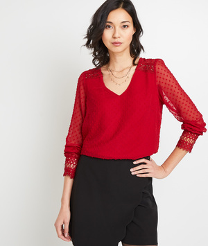 Blouse plumetis col V femme ROUGE