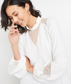 Blouse col montant détail dentelle femme ECRU