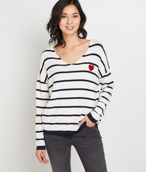 Marinière Col V brodée femme BLANC