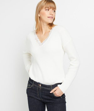 Pull col V femme BLANC