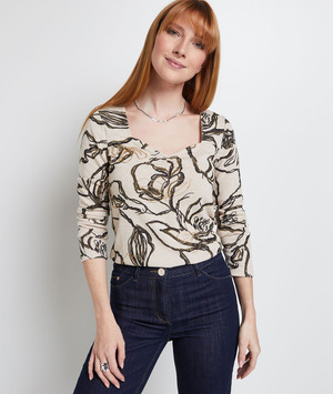 T-shirt imprimé fleuri femme BEIGE CHINE