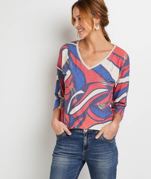 T-shirt imprimé col V femme BLEU