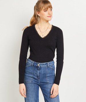 Pull col V noir femme NOIR