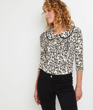 T-shirt col claudine imprimé femme ECRU