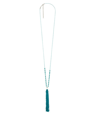 Collier long avec pompon en perles BLEU TURQUOISE