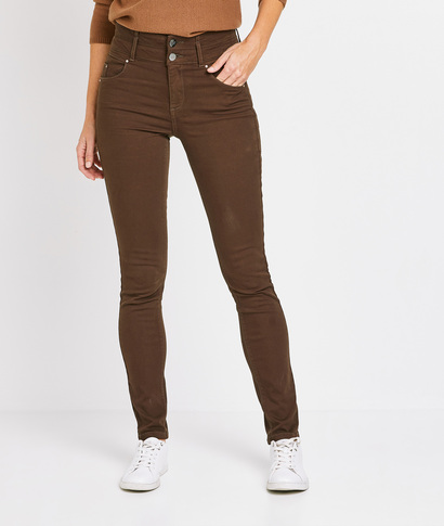 Jean slim taille haute de couleur femme CHOCOLAT
