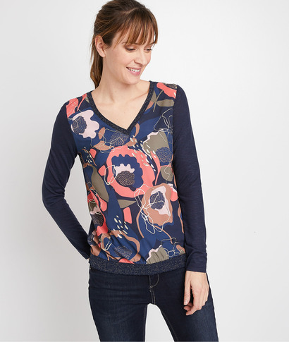 Tshirt imprimé fleuri femme MARINE