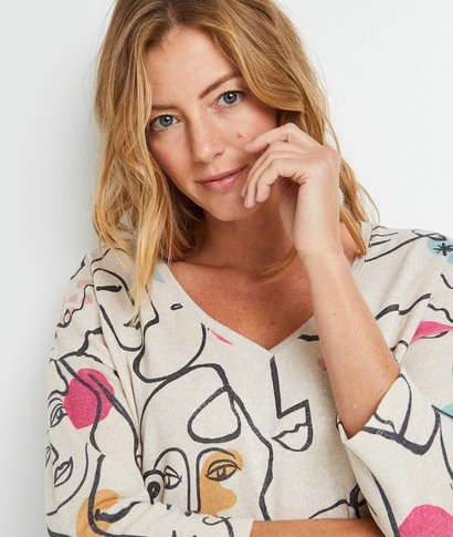 Tshirt imprimé visages femme BEIGE