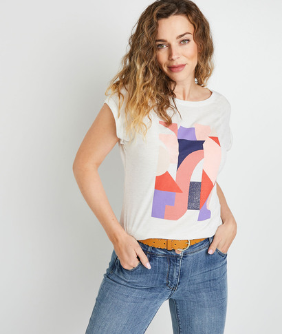 T-shirt manches courtes imprimé femme ECRU