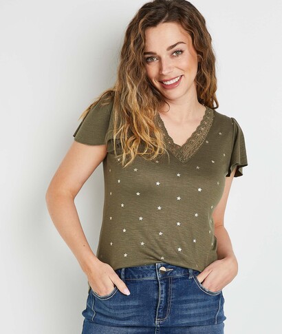 T-shirt à détails brillants femme KAKI