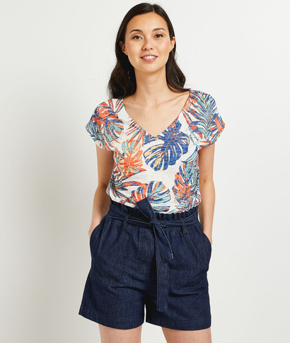T-shirt manches courtes col V femme BLANC CASSE