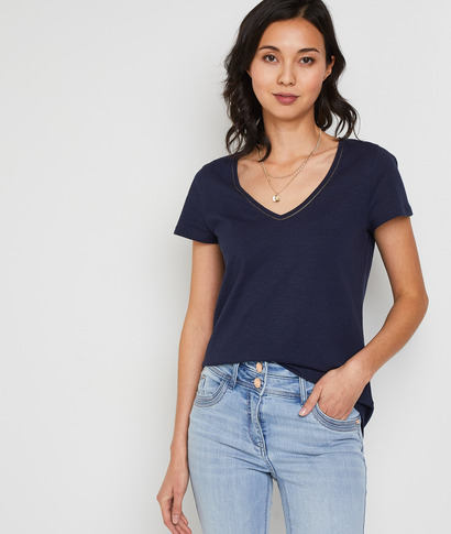 T-shirt manches courtes V femme MARINE