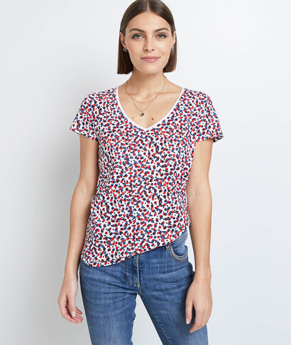 T-shirt imprimé col V femme BLANC