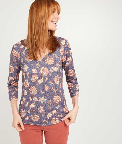 T-shirt imprimé fleuri femme BLEU