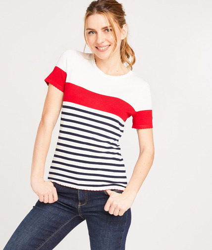 Pull manche courte rayé femme ROUGE