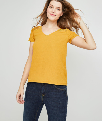 T-shirt maille froissée et guipure femme SAFRAN