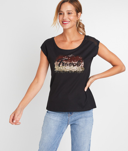 T-shirt à messageen sequins femme NOIR