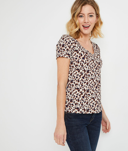 T-shirt léopard en maille froissée femme ECRU