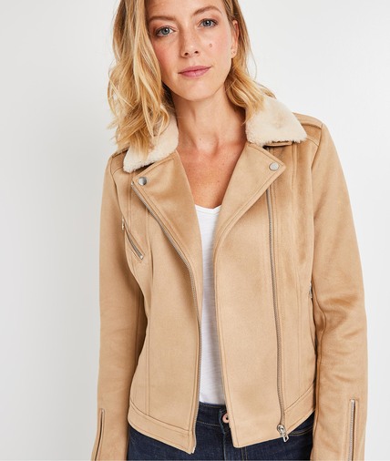 Veste suédine et fausse fourrure femme BEIGE