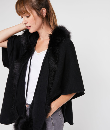 Poncho capuche et fausse fourrure femme MARINE