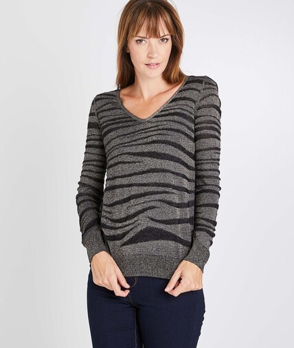 Pull zébré noir et gris femme NOIR