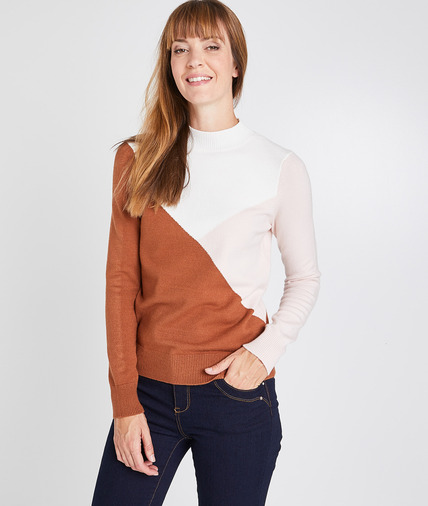 Pull color block col montant femme ECRU