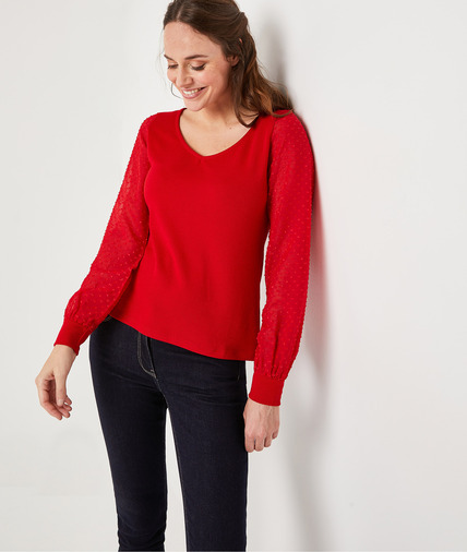 T-shirt manches en plumetis femme ROUGE