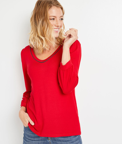 T-shirt uni manches 3/4 femme ROUGE