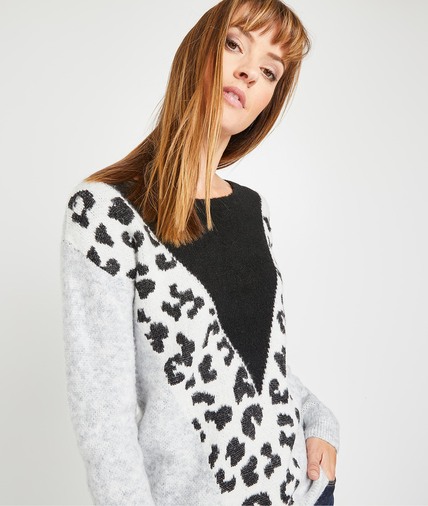 Pull motif léopard femme GRIS