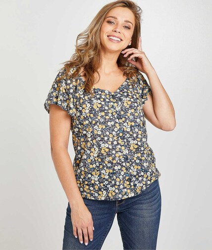 T-shirt imprimé fleuri femme MARINE