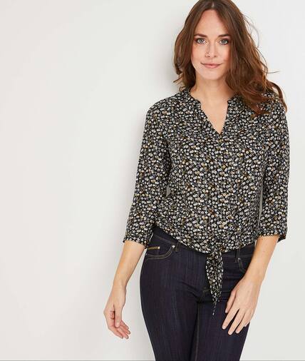 Blouse fleurie nouée femme NOIR