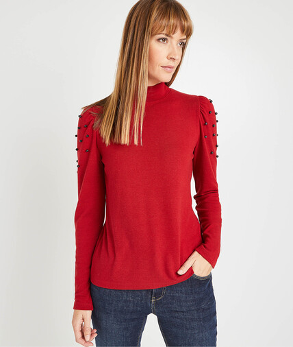 T-shirt rouge col montant femme ROUGE