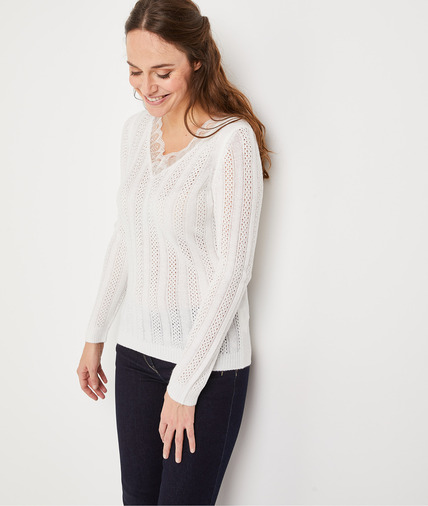 Pull fantaisie à dentelle écrue femme ECRU