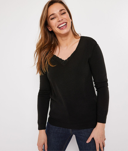 Pull basique uni avec dentelle femme NOIR