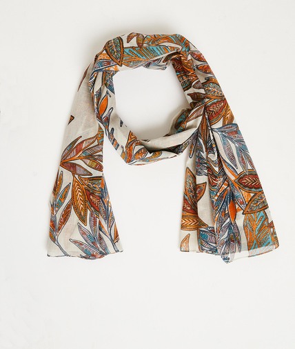 Foulard en coton imprimé feuilles femme ECRU